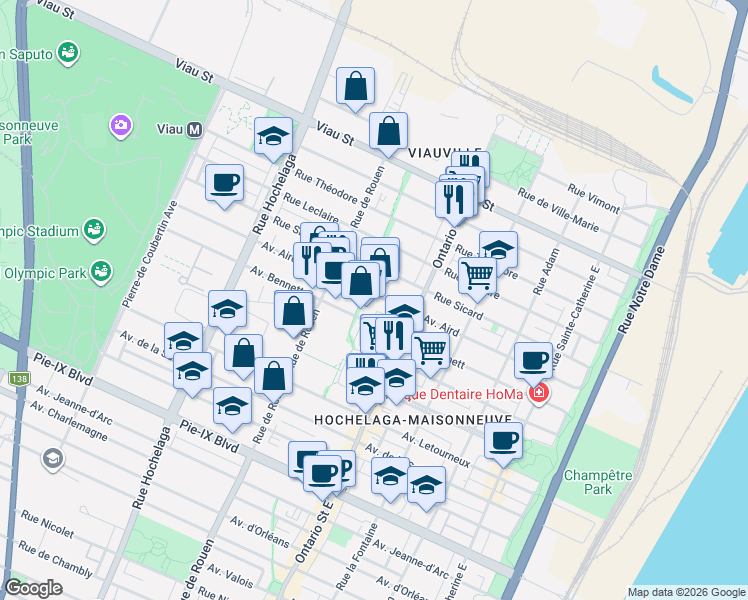map of restaurants, bars, coffee shops, grocery stores, and more near 2080 Avenue Aird in Montréal