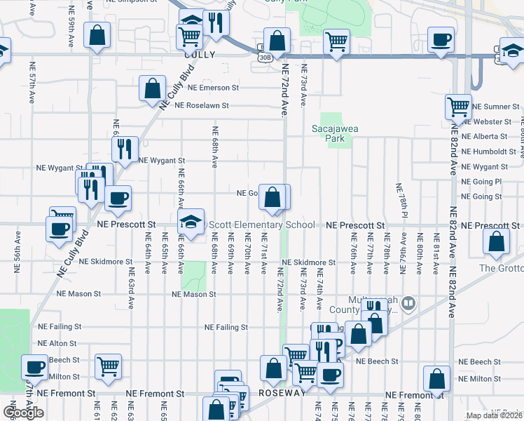 map of restaurants, bars, coffee shops, grocery stores, and more near 7024 Northeast Going Street in Portland