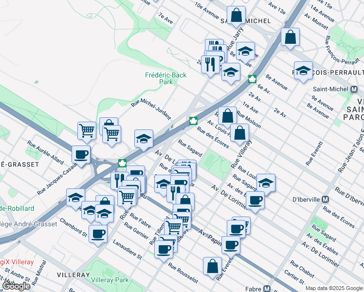 map of restaurants, bars, coffee shops, grocery stores, and more near 8044 Rue Sagard in Montréal