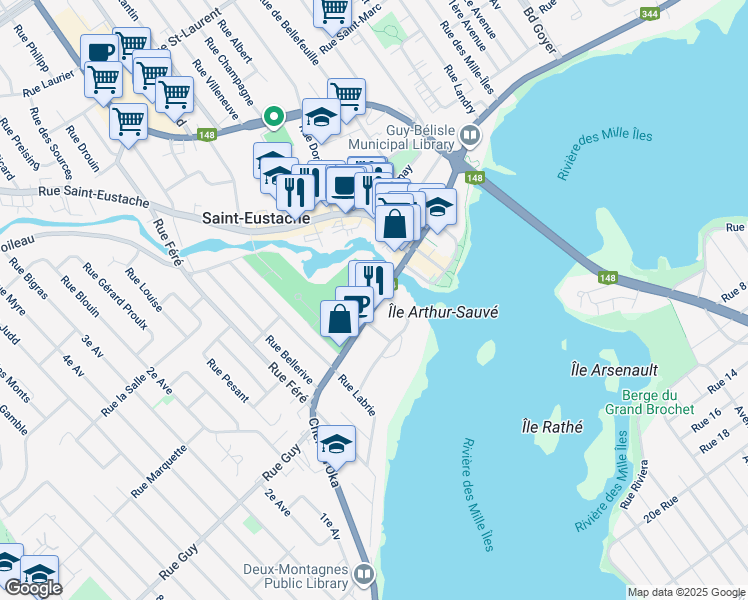 map of restaurants, bars, coffee shops, grocery stores, and more near 106 Rue Saint-Louis in Saint-Eustache