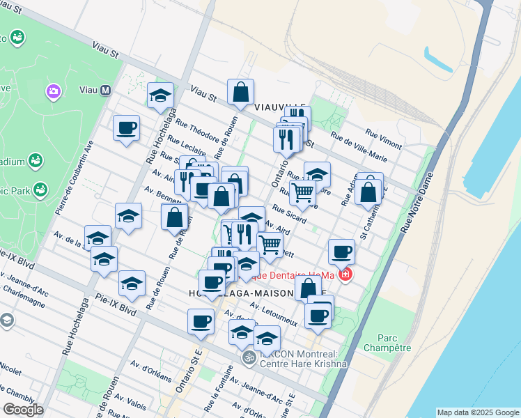 map of restaurants, bars, coffee shops, grocery stores, and more near 4633 Rue Ontario Est in Montréal