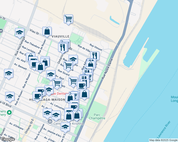 map of restaurants, bars, coffee shops, grocery stores, and more near 1456 Rue Théodore in Montreal
