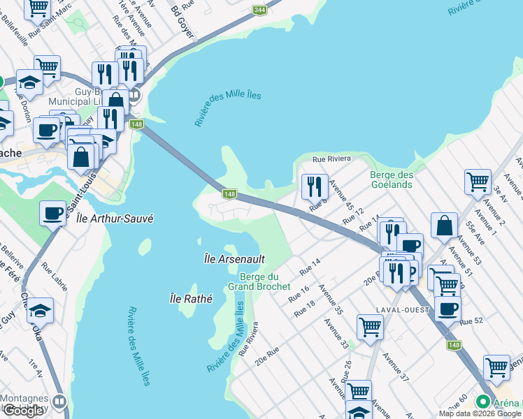 map of restaurants, bars, coffee shops, grocery stores, and more near in Laval