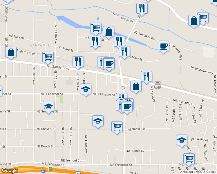 map of restaurants, bars, coffee shops, grocery stores, and more near 4618 Northeast 119th Avenue in Portland