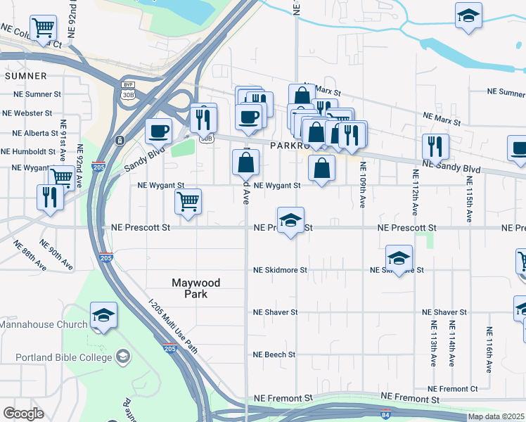 map of restaurants, bars, coffee shops, grocery stores, and more near 4608 Northeast 102nd Avenue in Portland
