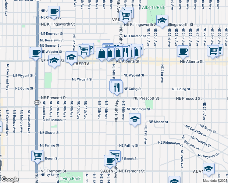 map of restaurants, bars, coffee shops, grocery stores, and more near 1455 Northeast Going Street in Portland