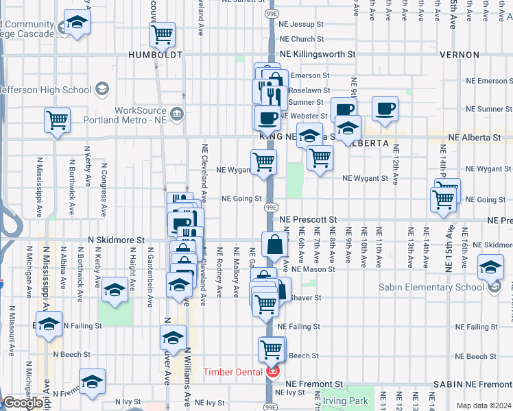 map of restaurants, bars, coffee shops, grocery stores, and more near 4608 Northeast Garfield Avenue in Portland