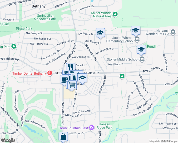 map of restaurants, bars, coffee shops, grocery stores, and more near 15039 Northwest Blakely Lane in Portland