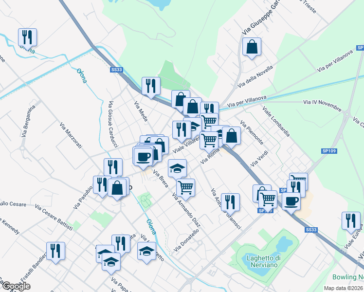 map of restaurants, bars, coffee shops, grocery stores, and more near 31 Via Agostino Terzaghi in Nerviano