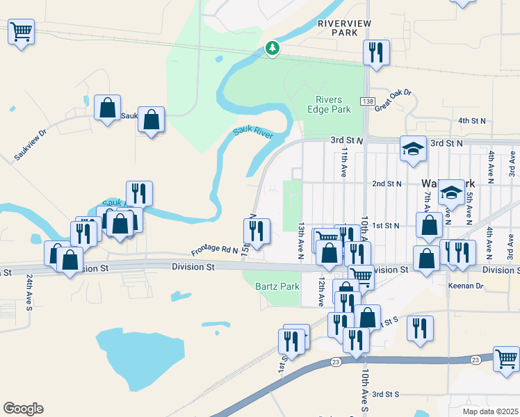 map of restaurants, bars, coffee shops, grocery stores, and more near 34 15th Avenue North in Waite Park