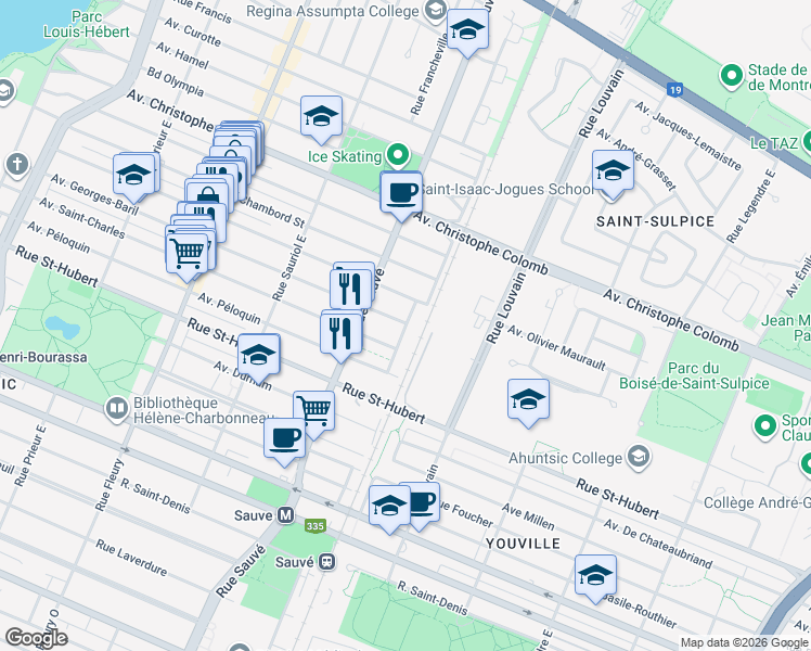 map of restaurants, bars, coffee shops, grocery stores, and more near 1100 Rue de Port Royal Est in Montréal