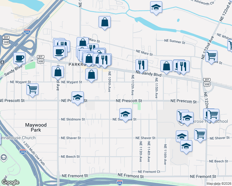 map of restaurants, bars, coffee shops, grocery stores, and more near 10945 Northeast Prescott Street in Portland