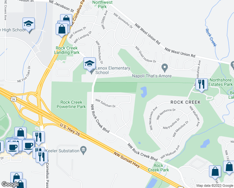 map of restaurants, bars, coffee shops, grocery stores, and more near 20787 Northwest Lapine Way in Portland