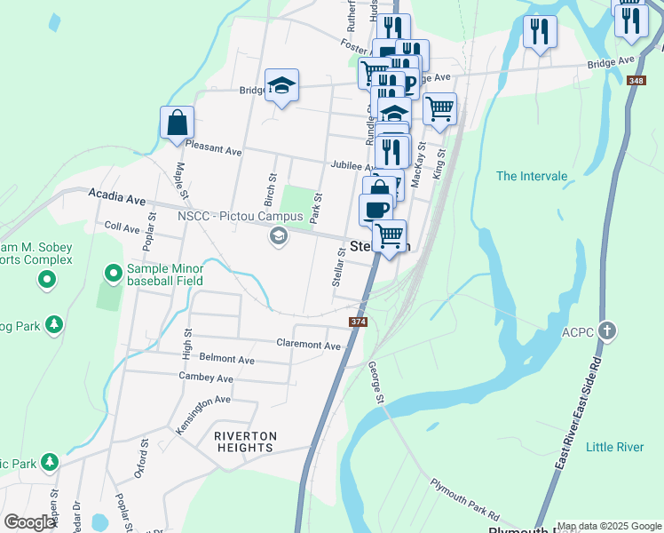 map of restaurants, bars, coffee shops, grocery stores, and more near 116 Stellar Street in Stellarton