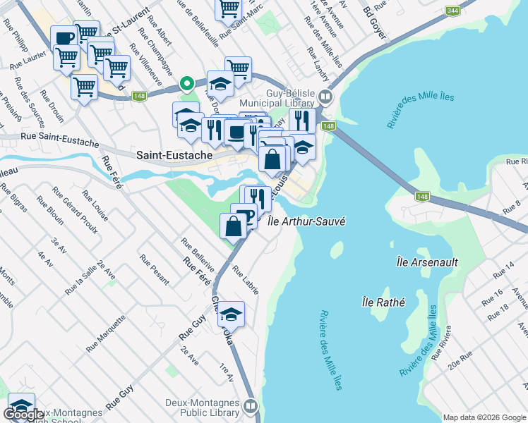 map of restaurants, bars, coffee shops, grocery stores, and more near 107 Rue Saint-Louis in Saint-Eustache