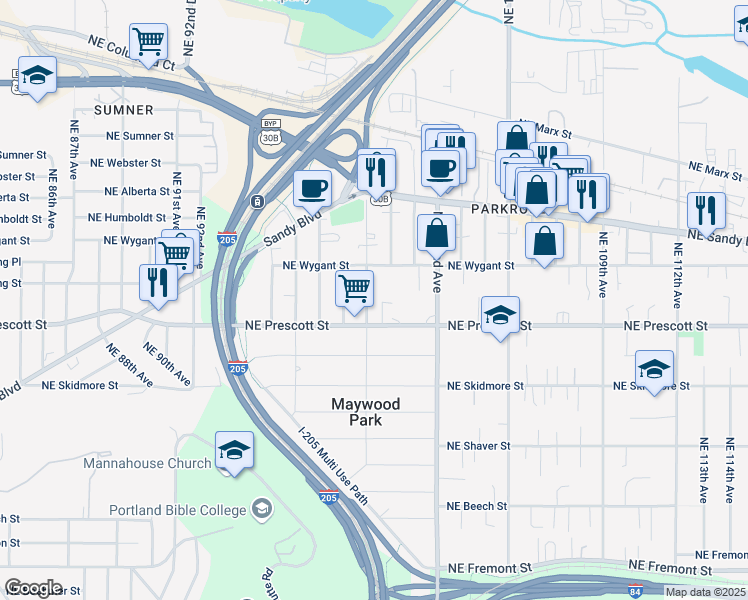 map of restaurants, bars, coffee shops, grocery stores, and more near 4616 Northeast 99th Avenue in Portland