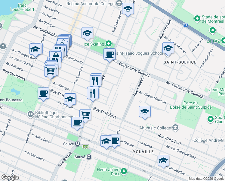 map of restaurants, bars, coffee shops, grocery stores, and more near 1100 Rue de Port-Royal Est in Montréal