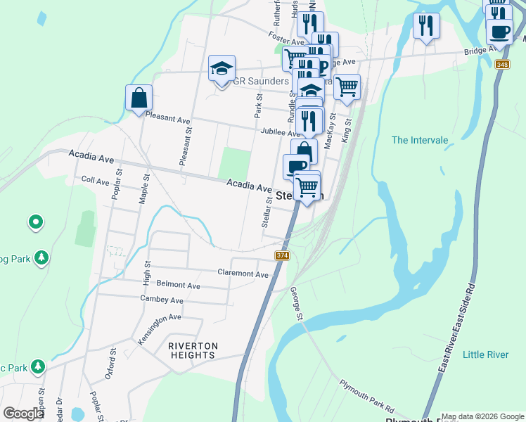 map of restaurants, bars, coffee shops, grocery stores, and more near 116 Stellar Street in Stellarton