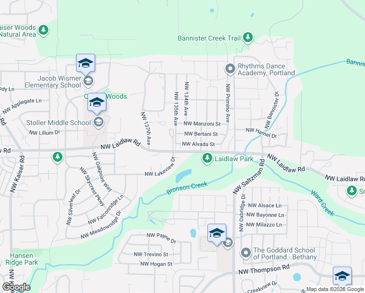 map of restaurants, bars, coffee shops, grocery stores, and more near 13491 Northwest Alvada Street in Portland