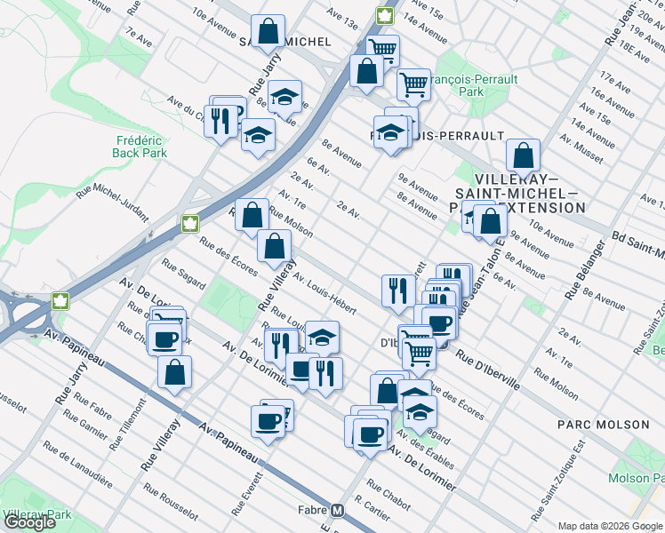 map of restaurants, bars, coffee shops, grocery stores, and more near 7633 Rue D'Iberville in Montréal