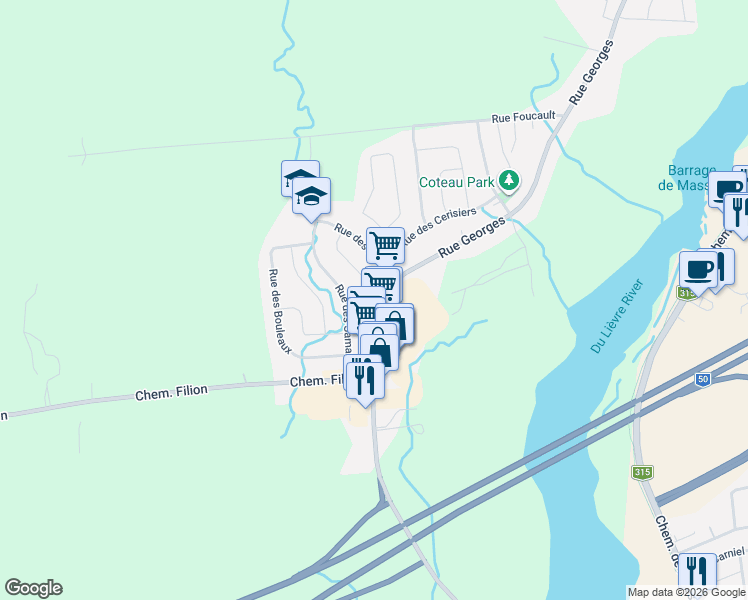 map of restaurants, bars, coffee shops, grocery stores, and more near 115 Rue Georges in Gatineau