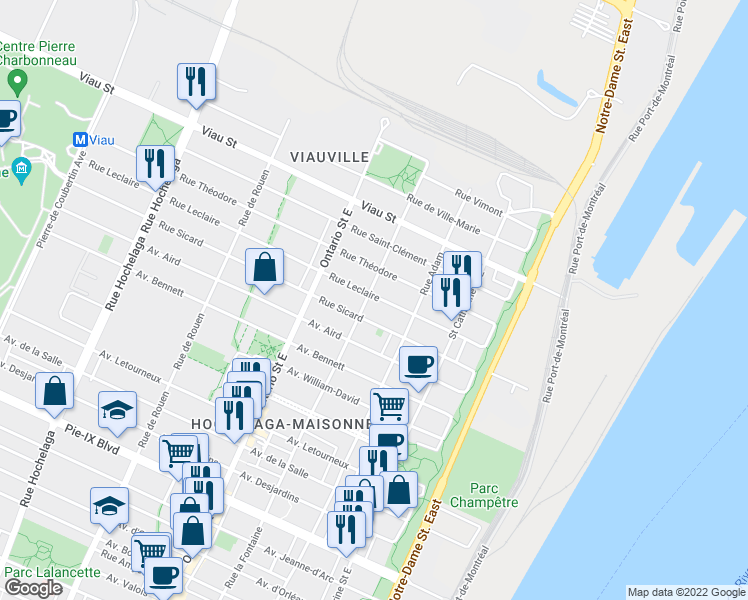 map of restaurants, bars, coffee shops, grocery stores, and more near 1708 Rue Leclaire in Montréal