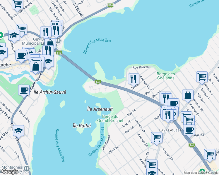 map of restaurants, bars, coffee shops, grocery stores, and more near Boulevard Arthur-Sauvé in Laval