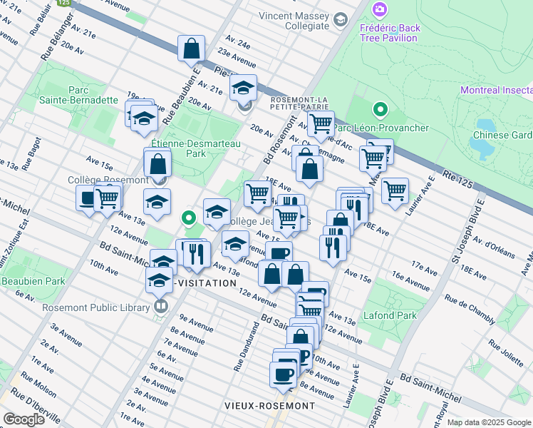 map of restaurants, bars, coffee shops, grocery stores, and more near 5695 16e Avenue in Montréal