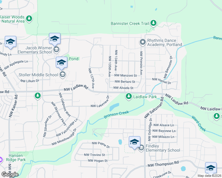 map of restaurants, bars, coffee shops, grocery stores, and more near 13491 Northwest Alvada Street in Portland