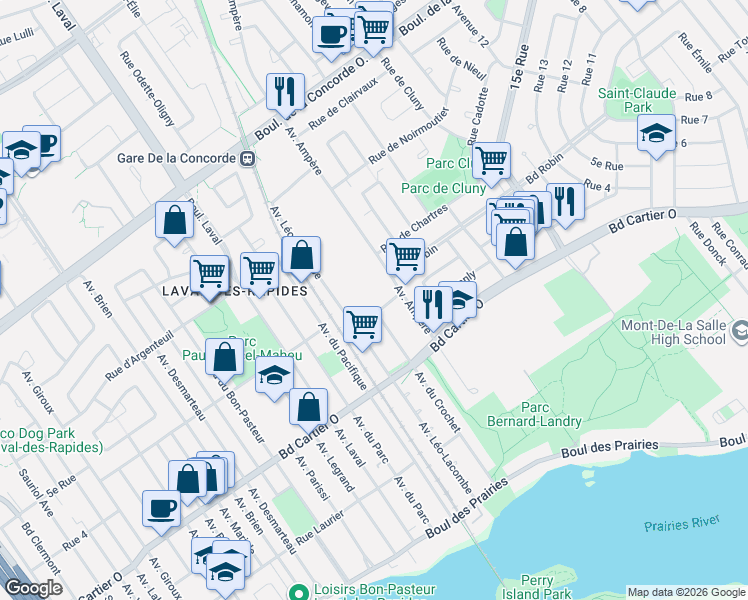 map of restaurants, bars, coffee shops, grocery stores, and more near 121 Rue François-Souillard in Laval