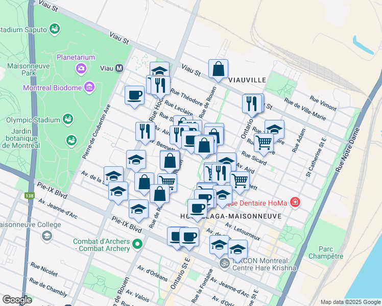 map of restaurants, bars, coffee shops, grocery stores, and more near in Montreal