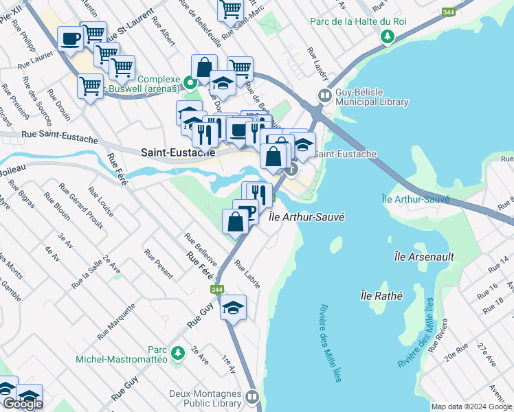 map of restaurants, bars, coffee shops, grocery stores, and more near 94 Rue Saint-Louis in Saint-Eustache