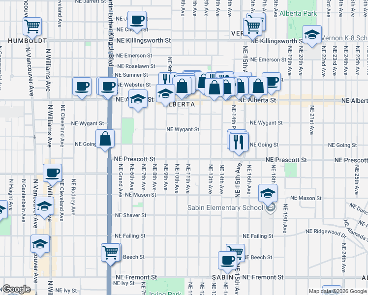 map of restaurants, bars, coffee shops, grocery stores, and more near 1024 Northeast Going Street in Portland