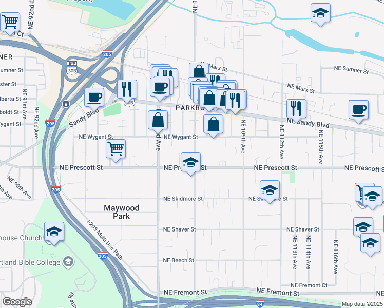 map of restaurants, bars, coffee shops, grocery stores, and more near 4612 Northeast 105th Avenue in Portland