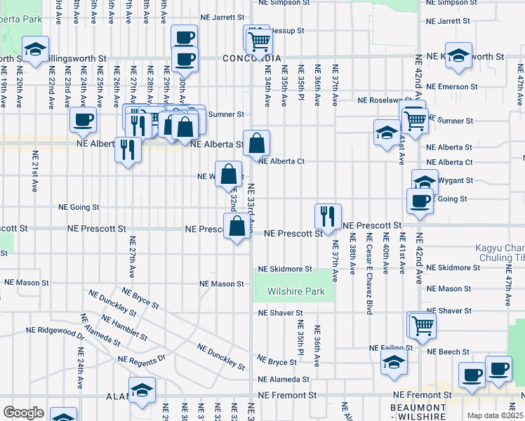 map of restaurants, bars, coffee shops, grocery stores, and more near 4586 Northeast 34th Avenue in Portland