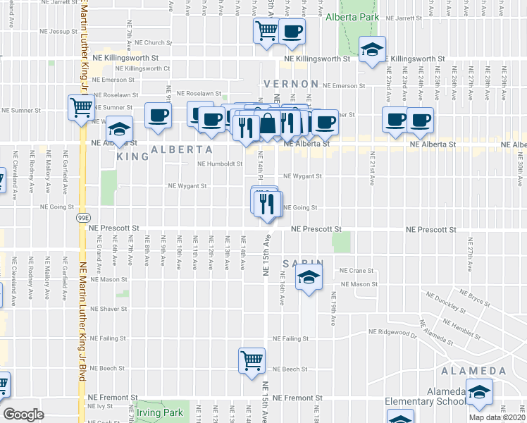 map of restaurants, bars, coffee shops, grocery stores, and more near 1455 Northeast Going Street in Portland