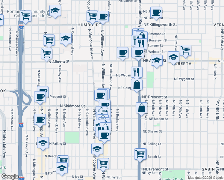 map of restaurants, bars, coffee shops, grocery stores, and more near 4606 Northeast Cleveland Avenue in Portland