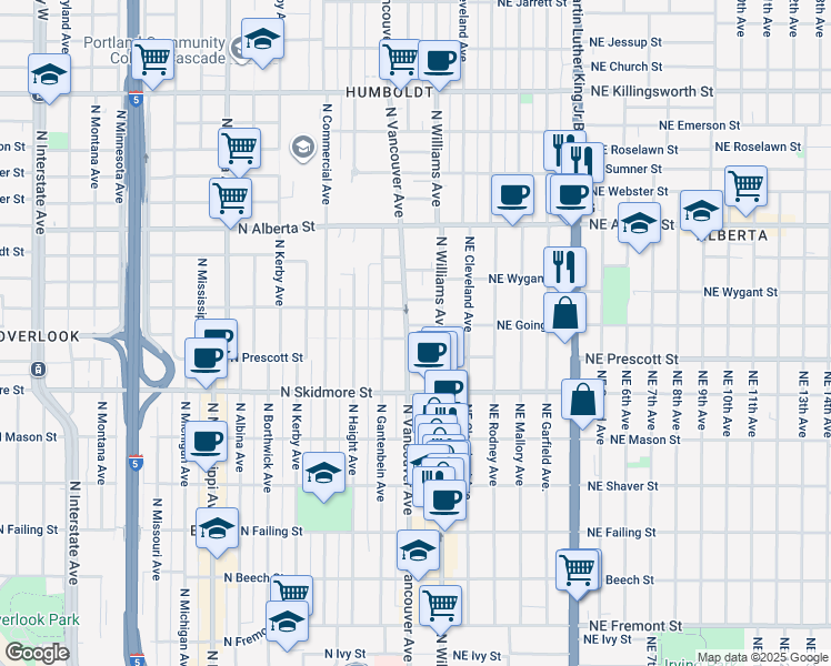 map of restaurants, bars, coffee shops, grocery stores, and more near 9 North Going Street in Portland