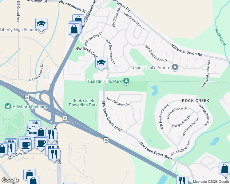 map of restaurants, bars, coffee shops, grocery stores, and more near 5010 Northwest Salishan Place in Portland