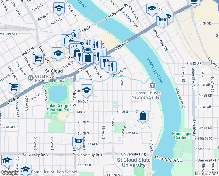 map of restaurants, bars, coffee shops, grocery stores, and more near 379 5th Avenue South in St. Cloud