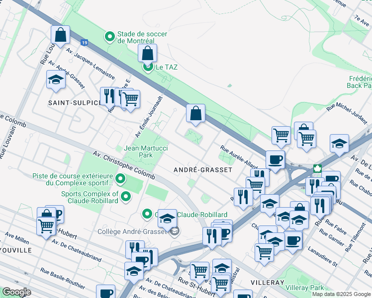 map of restaurants, bars, coffee shops, grocery stores, and more near 8681 Avenue Andre Grasset in Montréal