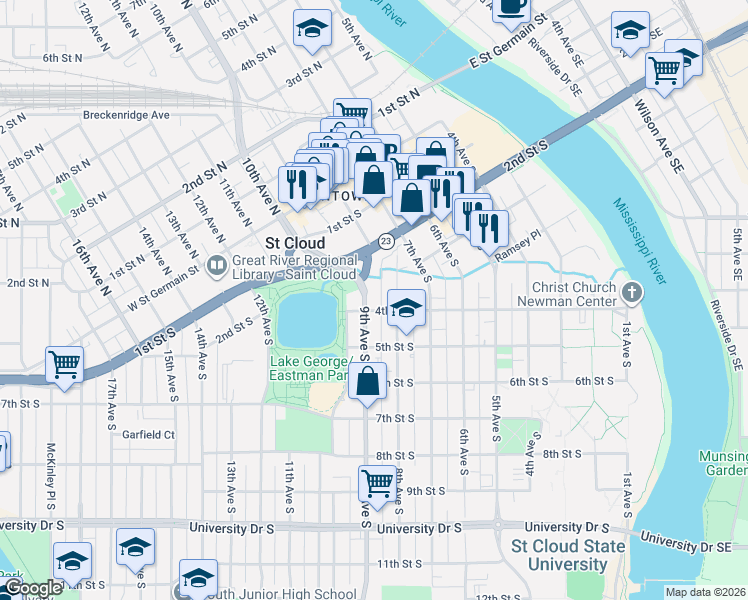 map of restaurants, bars, coffee shops, grocery stores, and more near 311 8th Avenue South in St. Cloud
