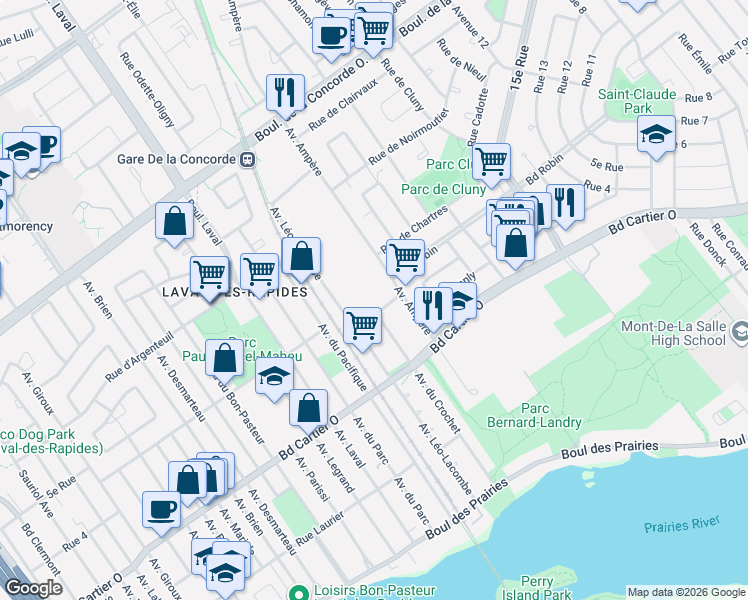 map of restaurants, bars, coffee shops, grocery stores, and more near 121 Rue François-Souillard in Laval