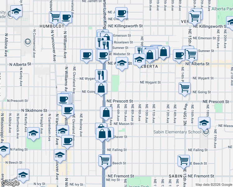 map of restaurants, bars, coffee shops, grocery stores, and more near 536 Northeast Going Street in Portland