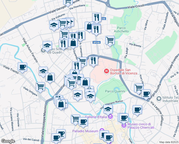 map of restaurants, bars, coffee shops, grocery stores, and more near 35 Via Gianbattista Pagliarino in Vicenza