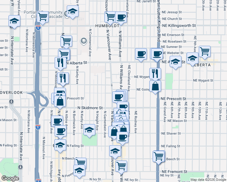 map of restaurants, bars, coffee shops, grocery stores, and more near 176 North Going Street in Portland
