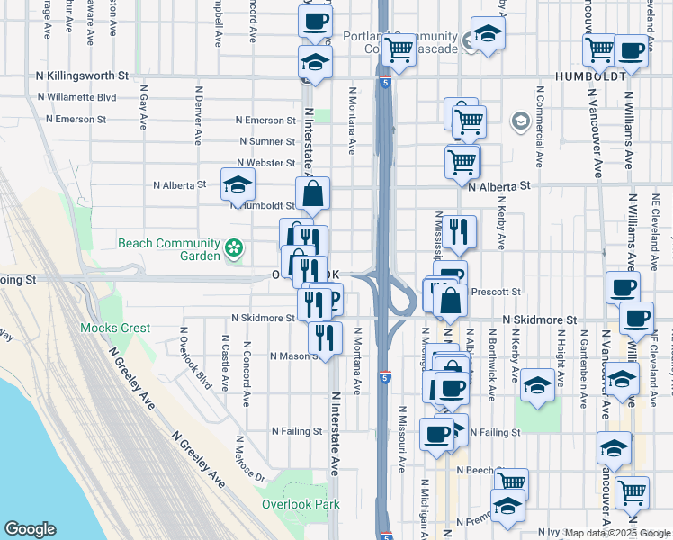 map of restaurants, bars, coffee shops, grocery stores, and more near 4620 North Maryland Avenue in Portland
