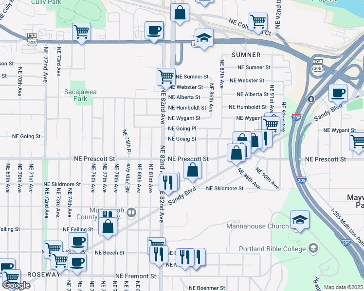 map of restaurants, bars, coffee shops, grocery stores, and more near 8336 Northeast Going Street in Portland