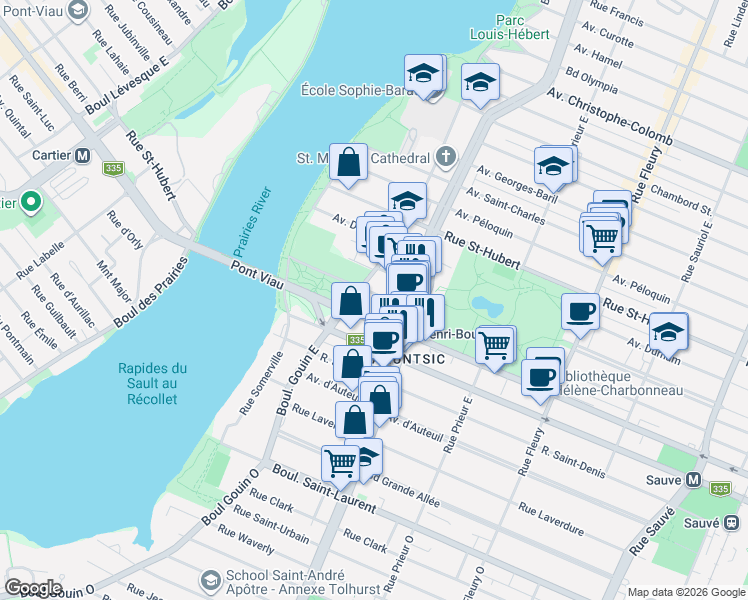 map of restaurants, bars, coffee shops, grocery stores, and more near 10856 Rue Basile-Routhier in Montréal