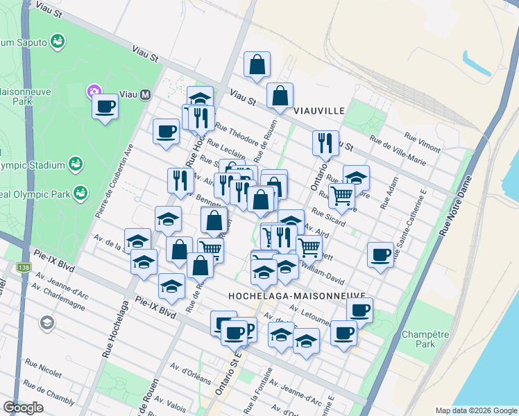 map of restaurants, bars, coffee shops, grocery stores, and more near 2100 Avenue Aird in Montrã©Al